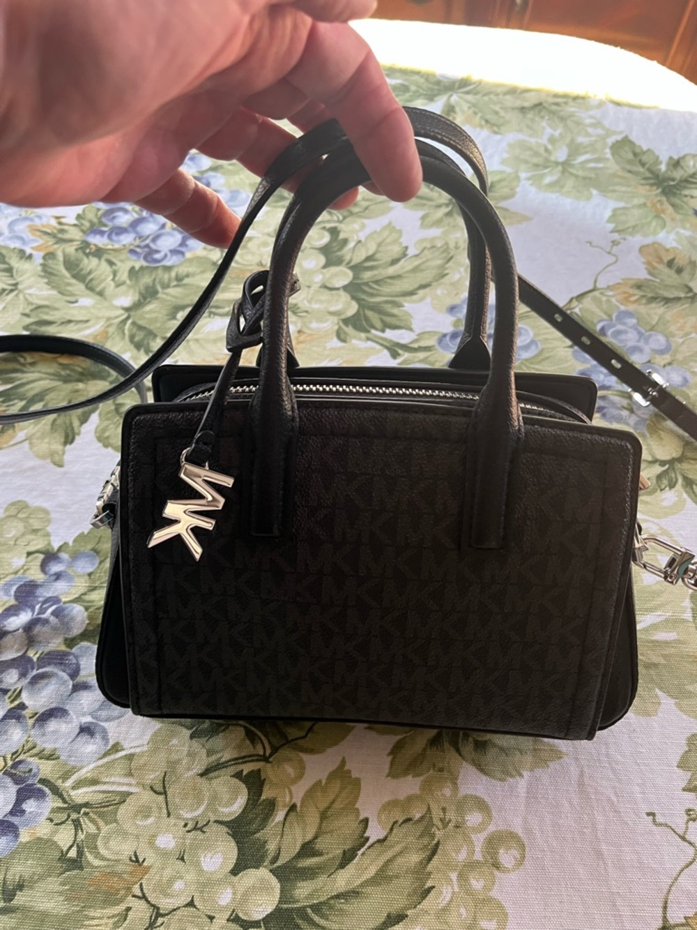 Michael Kors Black Logo Mini Satchel with Silver MK Charm